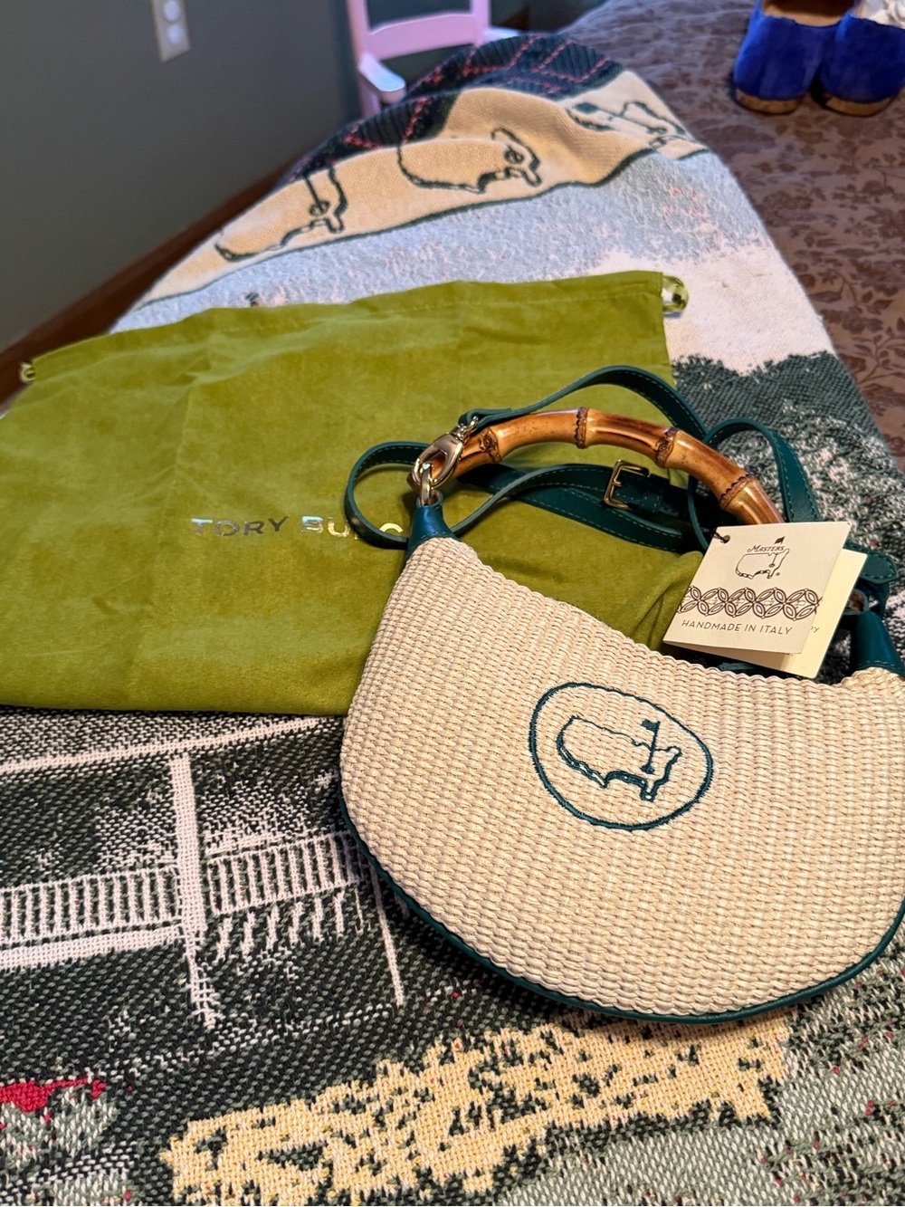 Tory Burch Cream Woven Crossbody with Teal Trim and Bamboo Handle